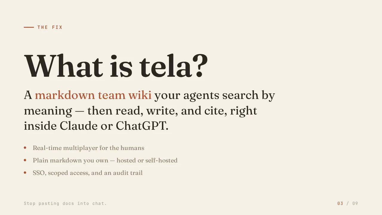 A tela presentation slide: What is tela?. Made with the built-in deck theme.